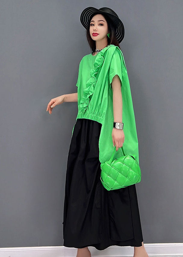 Casual Green Asymmetrical Ruffled Patchwork Low High Design Two Piece Set Women Clothing Summer