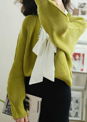 Casual Green Bow Cozy Fake Two Pieces Knit Sweaters Spring