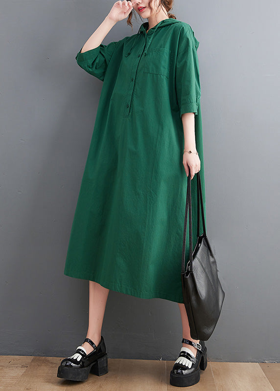 Casual Green Button Neck Tie Cotton Hooded Long Dress Summer