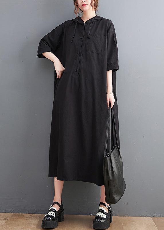 Casual Green Button Neck Tie Cotton Hooded Long Dress Summer