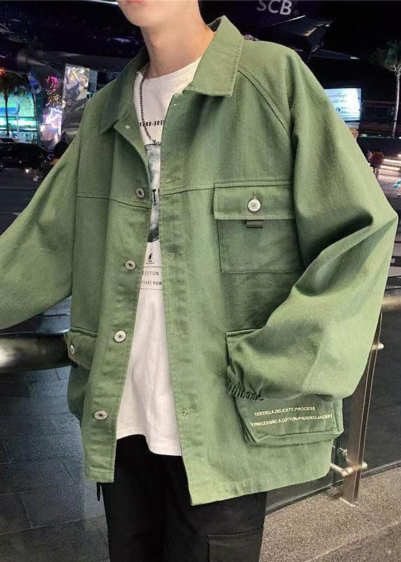 Casual Green Button Pockets Denim Mens Coat Spring