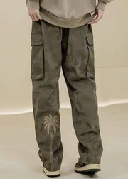 Casual Green Camouflage Embroideried Pockets Cotton Mens Pants Spring