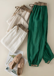 Casual Green Elastic Waist Thin Linen Crop Pants Summer