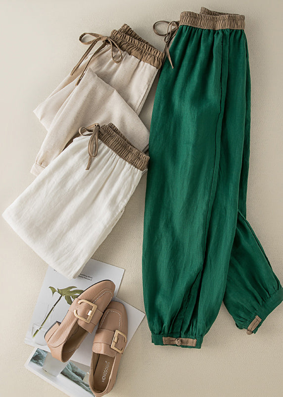 Casual Green Elastic Waist Thin Linen Crop Pants Summer