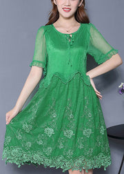 Casual Green Embroidered Ruffled Silk Vacation Dresses Summer