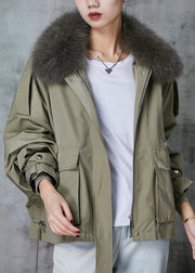 Casual Green Fox Collar Fuzzy Rabbit Hair Lined Drawstring Coats Spring