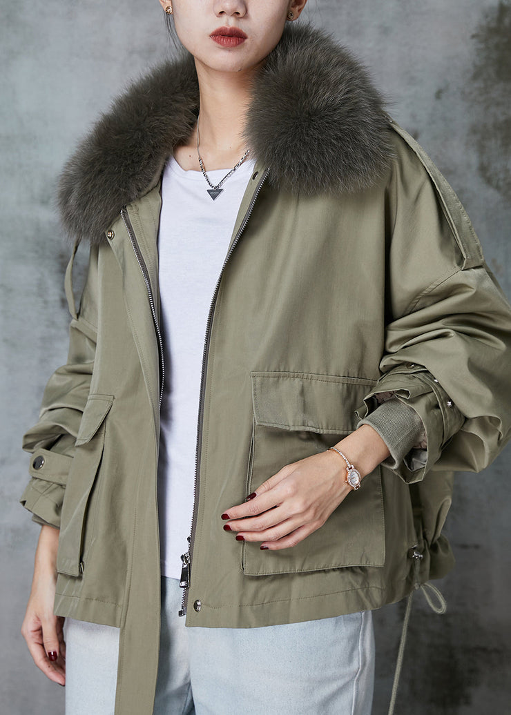 Casual Green Fox Collar Fuzzy Rabbit Hair Lined Drawstring Coats Spring