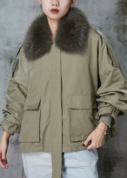 Casual Green Fox Collar Fuzzy Rabbit Hair Lined Drawstring Coats Spring