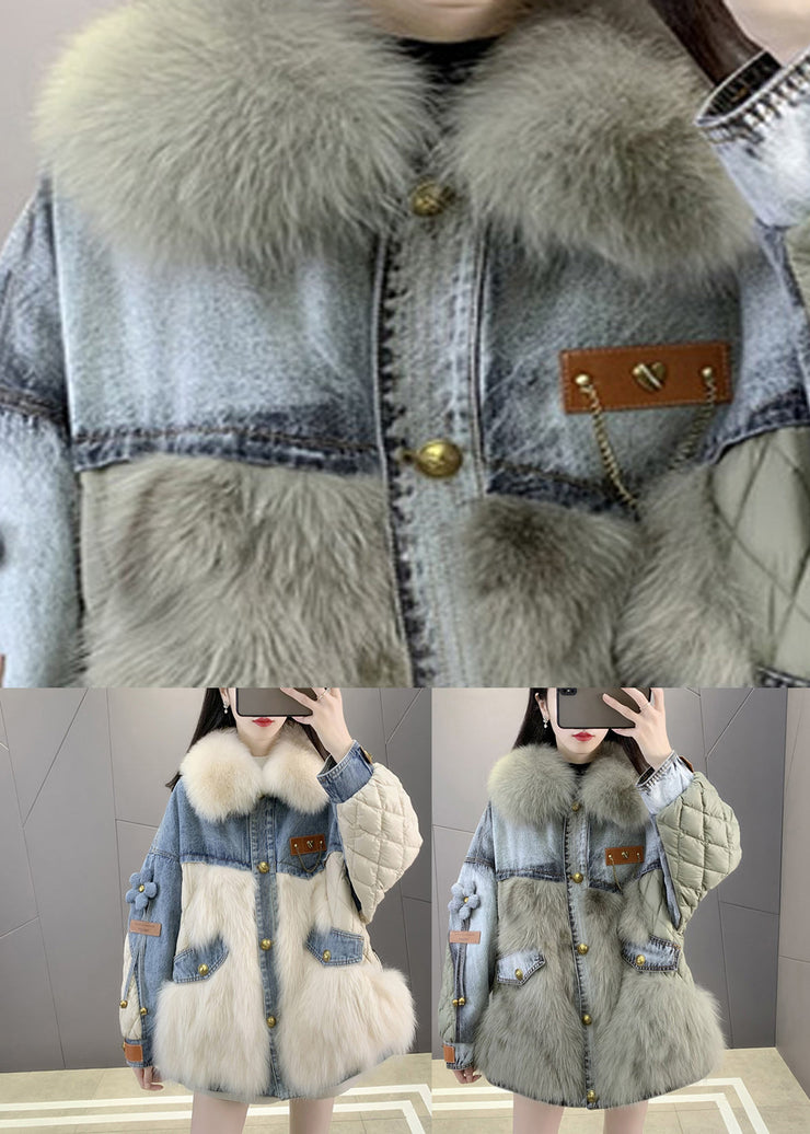 Casual Green Fox collar Denim Patchwork Button Down Coats Winter