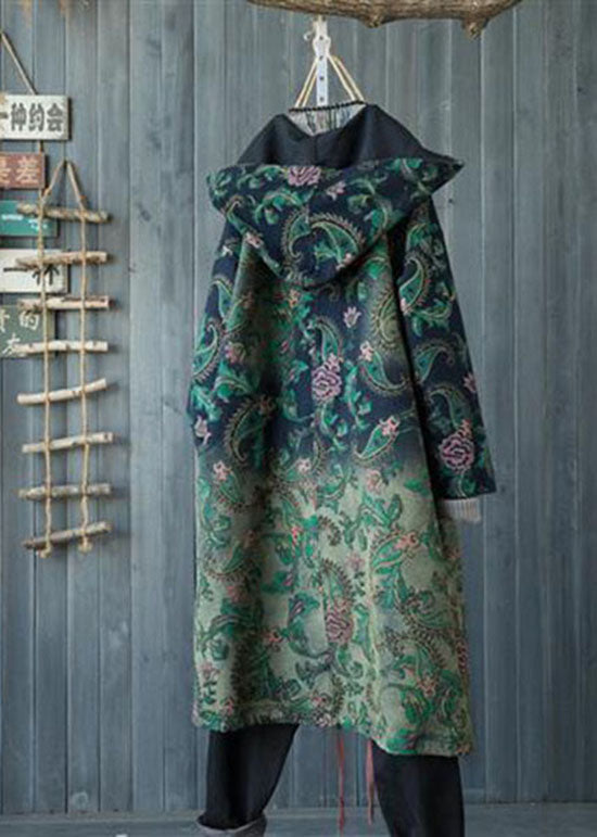 Casual Green Gradient Color Hooded Pockets Print Cotton Denim Trench Spring