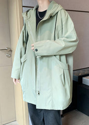 Casual Green Hooded Zippered Pockets Cotton Men Coat Spring