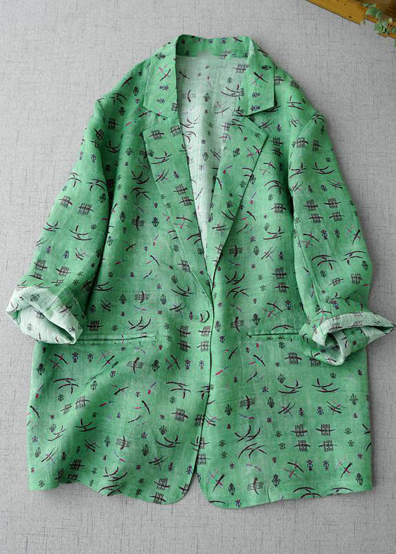 Casual Green Notched Print Coats Long Sleeve