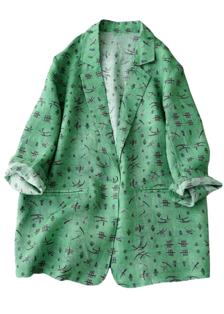 Casual Green Notched Print Coats Long Sleeve