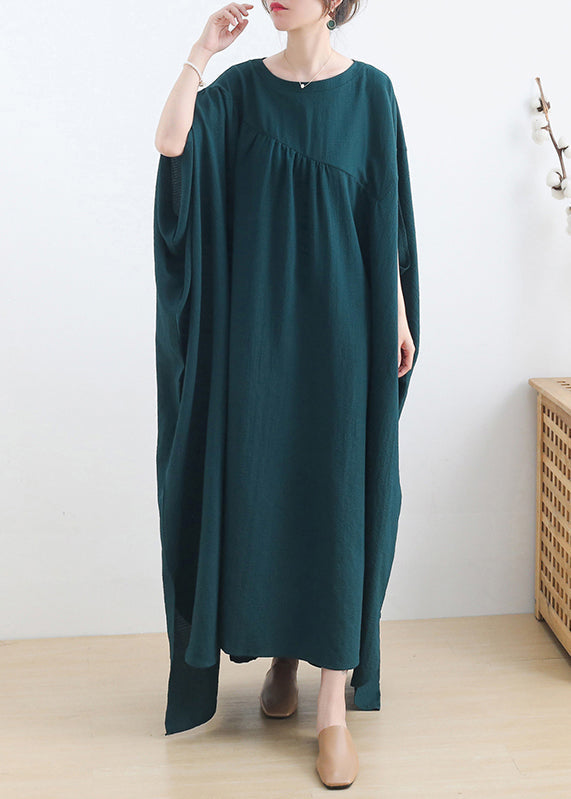 Casual Green O-Neck Asymmetrical Cotton Long Dress Short Sleeve