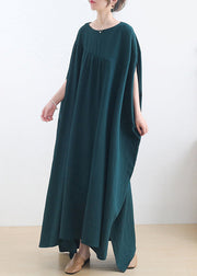 Casual Green O-Neck Asymmetrical Cotton Long Dress Short Sleeve