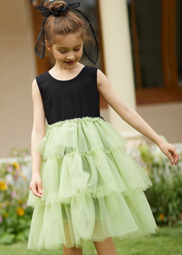 Casual Green O-Neck Patchwork Tulle Kids Maxi Dress Sleeveless