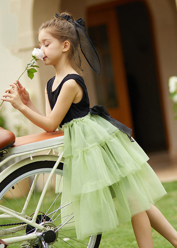 Casual Green O-Neck Patchwork Tulle Kids Maxi Dress Sleeveless