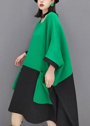 Casual Green O Neck Pockets Patchwork Cotton Mid Dresses Fall