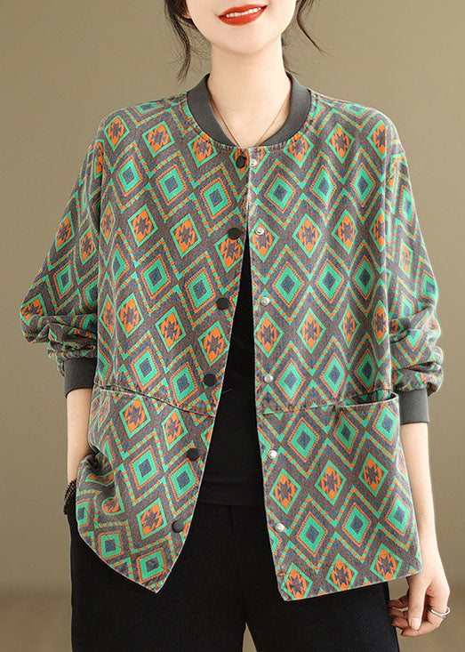 Casual Green O Neck Pockets Print Denim Coat Spring