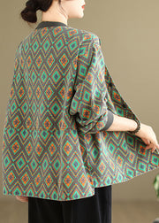 Casual Green O Neck Pockets Print Denim Coat Spring