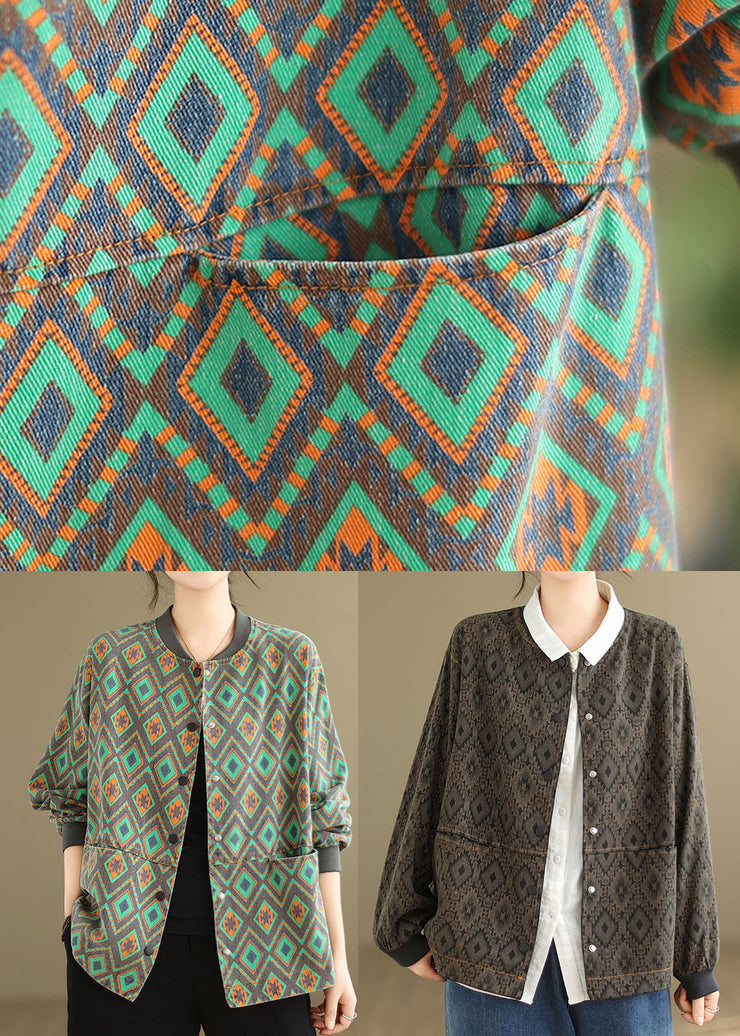 Casual Green O Neck Pockets Print Denim Coat Spring