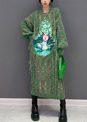 Casual Green O-Neck Print Knit Holiday Maxi Sweaters Dress Winter