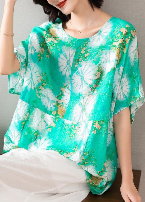 Casual Green O Neck Print Patchwork Silk Blouse Top Batwing Sleeve