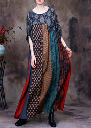 Casual Green O-Neck Print Patchwork Silk Long Dresses Long Sleeve