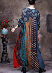 Casual Green O-Neck Print Patchwork Silk Long Dresses Long Sleeve