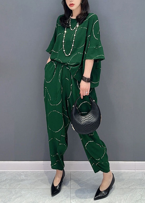 Casual Green O-Neck Print Tops And Pants Patchwork Cotton Two Pieces Set Summer