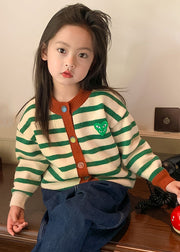 Casual Green O-Neck Striped Button Cotton Knit Kids Cardigan Spring