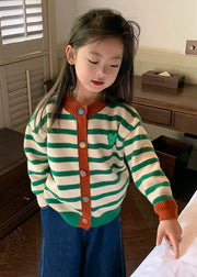 Casual Green O-Neck Striped Button Cotton Knit Kids Cardigan Spring