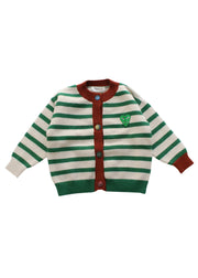 Casual Green O-Neck Striped Button Cotton Knit Kids Cardigan Spring