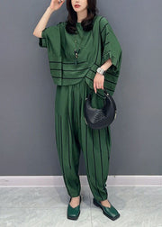 Casual Green O-Neck Striped Patchwork Tops And Pants Cotton Two Piece Set Summer