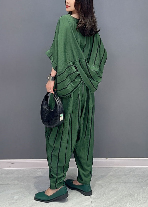 Casual Green O-Neck Striped Patchwork Tops And Pants Cotton Two Piece Set Summer