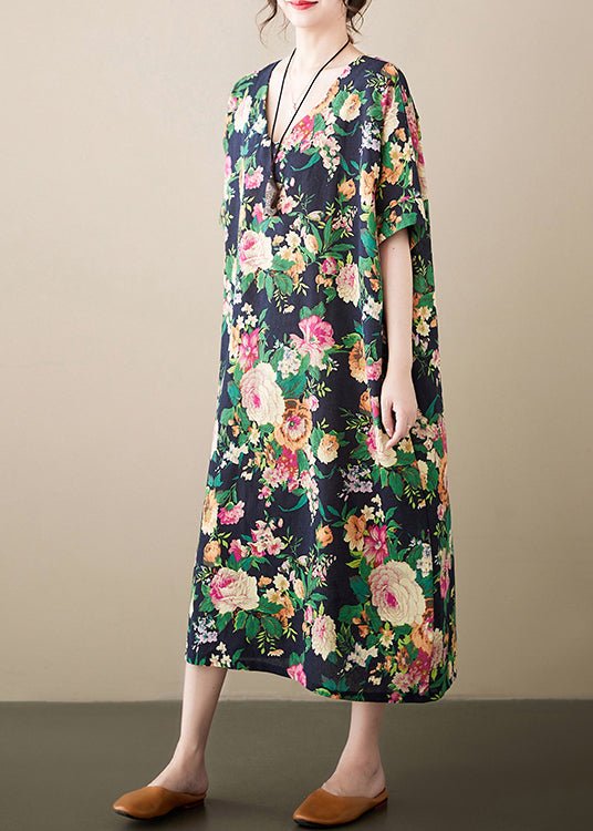 Casual Green Oversized Floral Linen Long Dress Summer