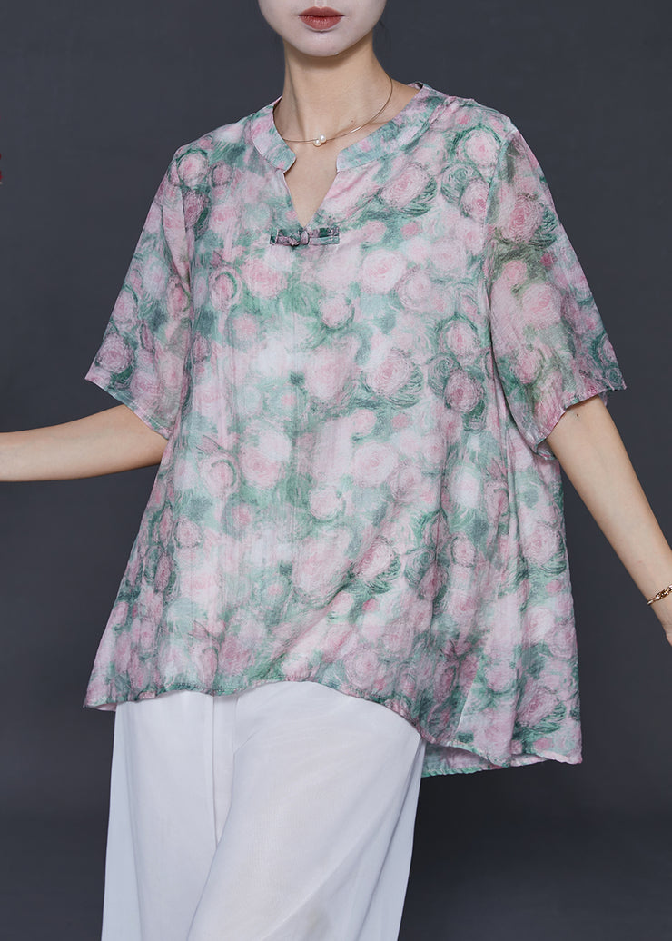 Casual Green Oversized Print Cotton Blouses Summer