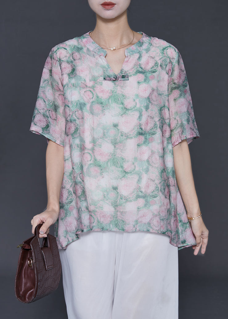 Casual Green Oversized Print Cotton Blouses Summer