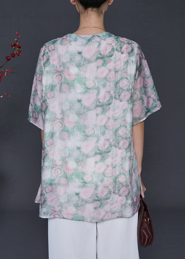 Casual Green Oversized Print Cotton Blouses Summer