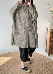 Casual Green Oversized Print Linen Coat Outwear Fall