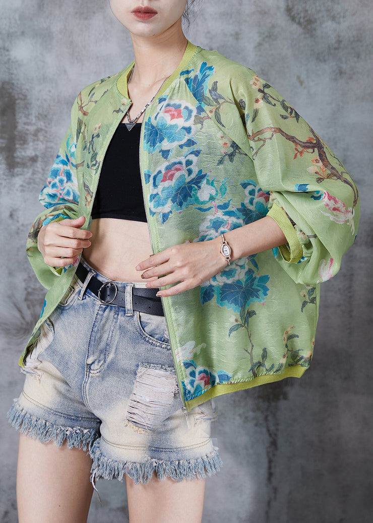 Casual Green Oversized Print Silk Jackets Fall