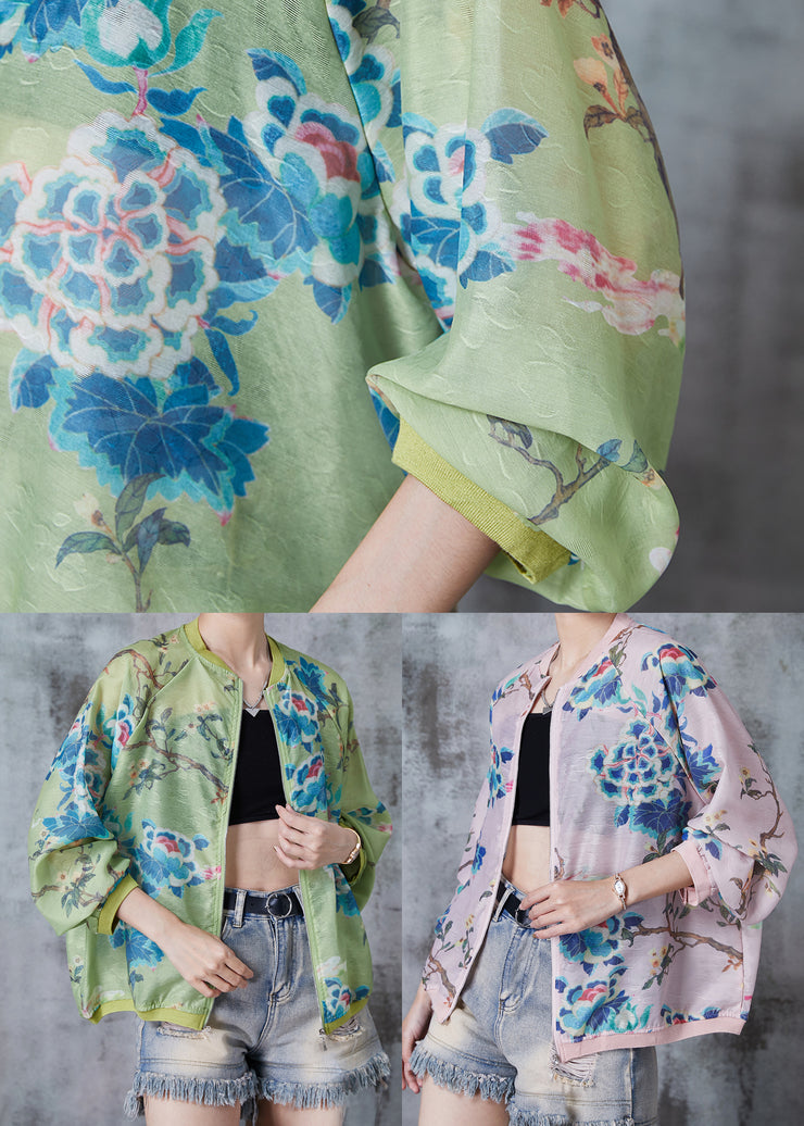 Casual Green Oversized Print Silk Jackets Fall