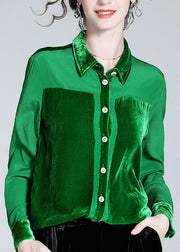 Casual Green Peter Pan Collar Patchwork Button Silk Shirt Long Sleeve