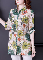 Casual Green Peter Pan Collar Print Silk Top Short Sleeve