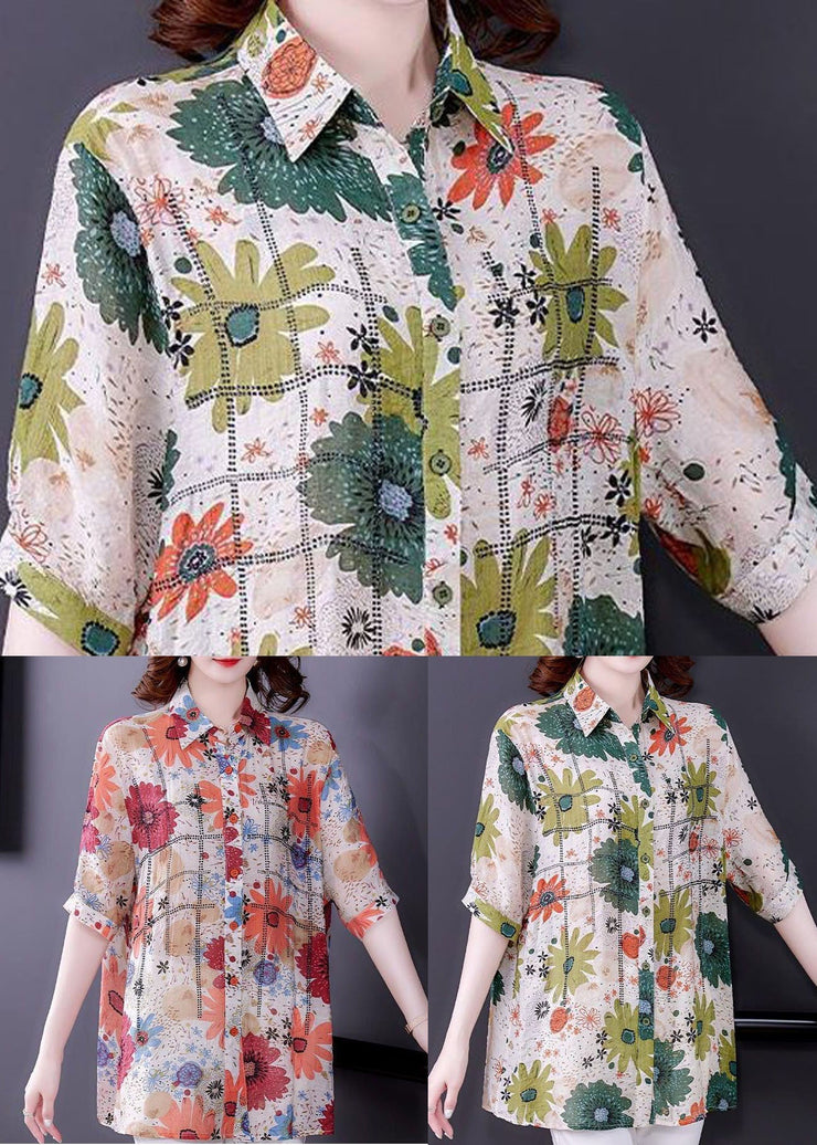 Casual Green Peter Pan Collar Print Silk Top Short Sleeve