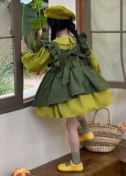 Casual Green Peter Pan Collar Ruffled Kids Long Waistcoat And Mid DressTwo Pieces Set Long Sleeve