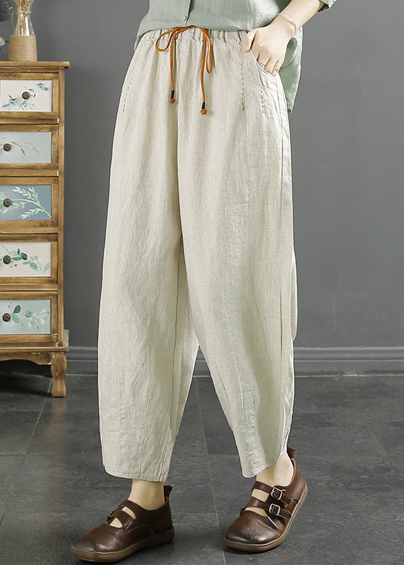 Casual Green Pockets Cinched High Waist Linen Crop Pants Fall