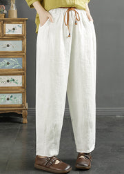 Casual Green Pockets Cinched High Waist Linen Crop Pants Fall