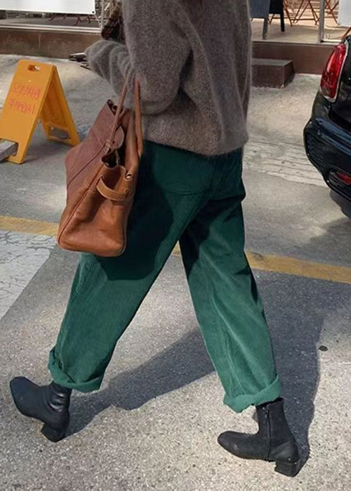 Casual Green Pockets Corduroy Straight Pants Fall