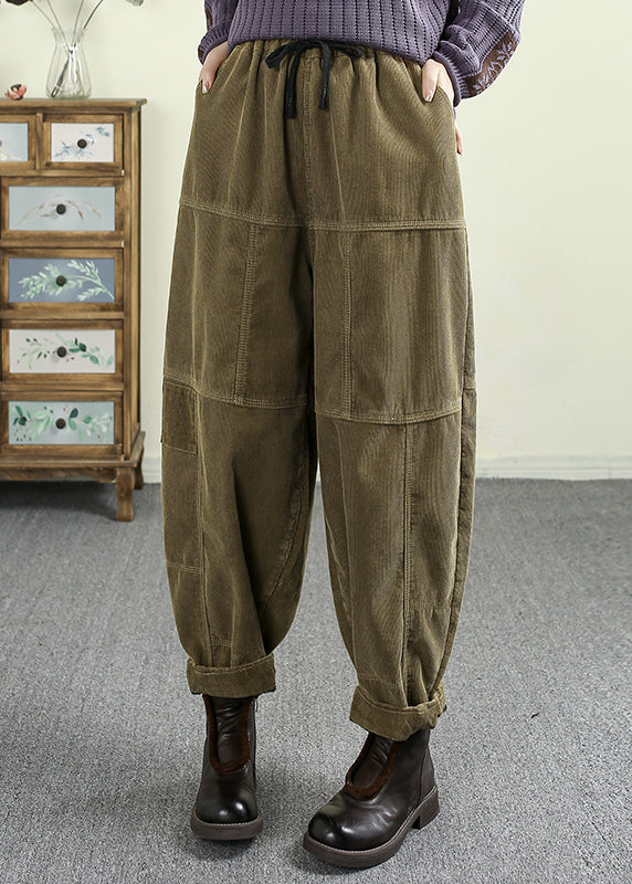 Casual Green Pockets Elastic Waist Corduroy Warm Fleece Pants Winter